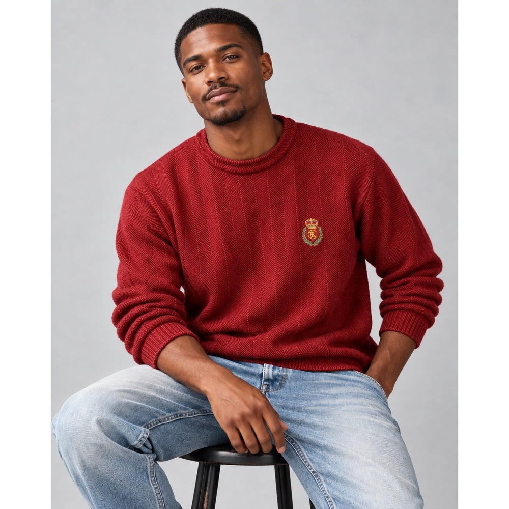 Chaps Ralph Lauren Sweater Mens XL Burgundy Red Herringbone Crest Cotton Vintage